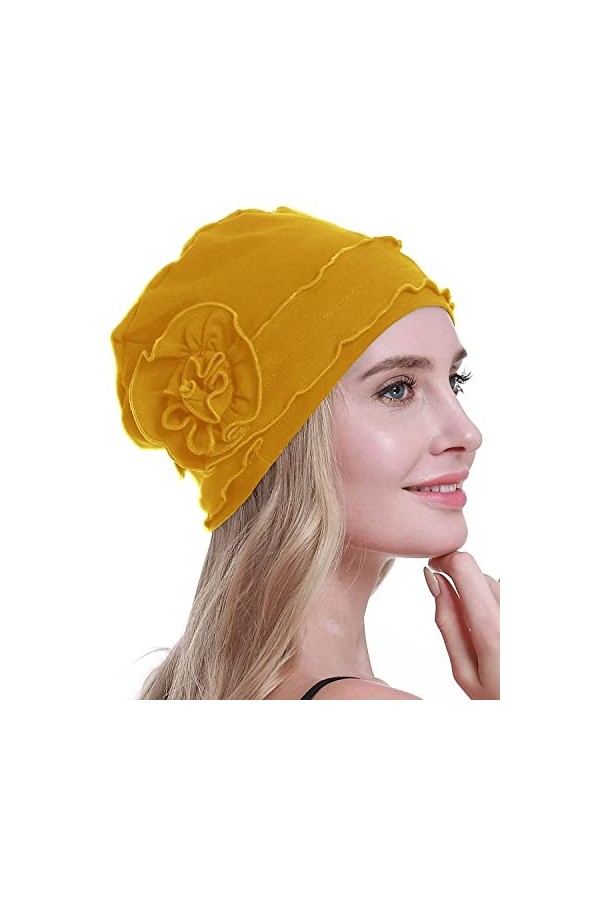 osvyo Bonnet chimio turban pour femme – Bonnet contre la perte de cheveux scellé, Coton jaune ambré, taille unique