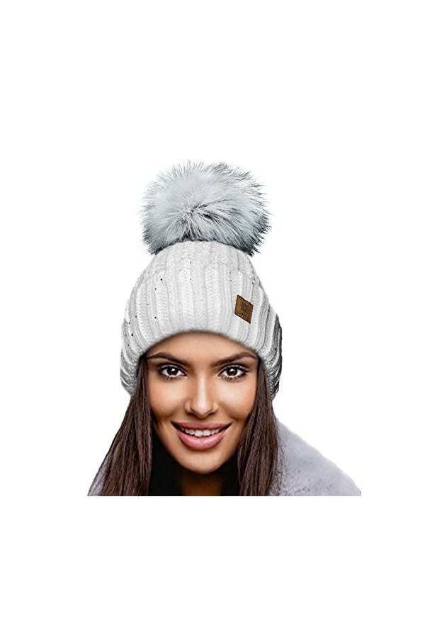 4sold Lady Bonnets Bonnet Fourré Hiver pour Femme Bonnet Tricoté et Gros Pompon Coloris Taille Unique Gold Circle Little Crys