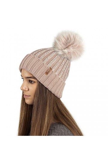 TOSKATOK® Femmes Womens Filles Femmes Côtelé Bonnet dhiver en Tricot Bobble Hat avec Élégant Or Argent Métallisé Impression 