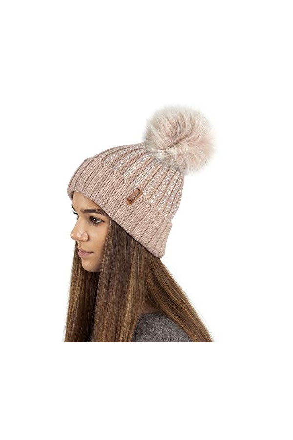 TOSKATOK® Femmes Womens Filles Femmes Côtelé Bonnet dhiver en Tricot Bobble Hat avec Élégant Or Argent Métallisé Impression 