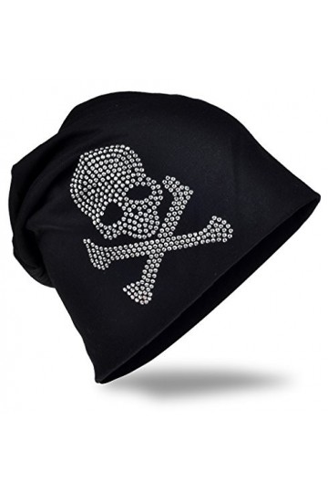 Miobo Bonnet Long décontracté en Jersey Tendance avec tête de Mort en Strass, Unisexe, Couleur Unie - Noir - Taille Unique