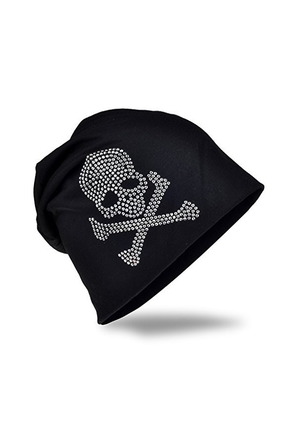Miobo Bonnet Long décontracté en Jersey Tendance avec tête de Mort en Strass, Unisexe, Couleur Unie - Noir - Taille Unique