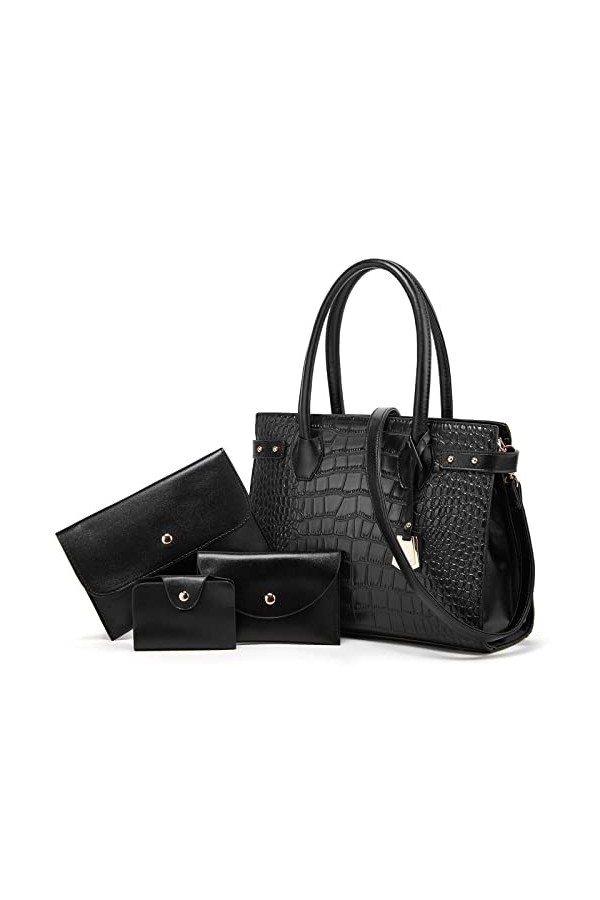 VIGETAMOU sac a main femme, sac à bandoulière, sac cabas femme, sac femme, sac multi-poches, sac en faux cuir crocodile Black
