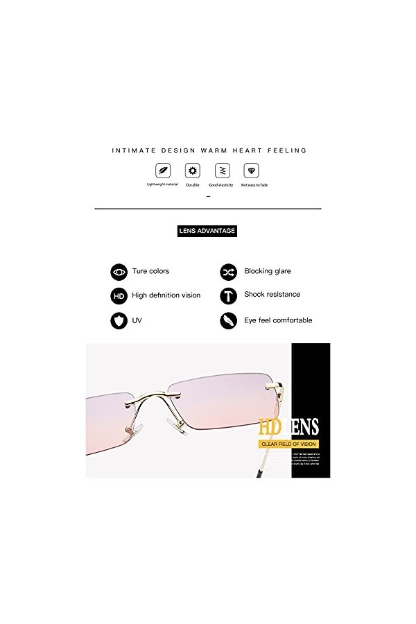 Vklopdsh Lunettes de soleil rectangulaires sans monture pour femmes Unisexe Rétro Lunettes Lunettes de mode de rue Accessoire