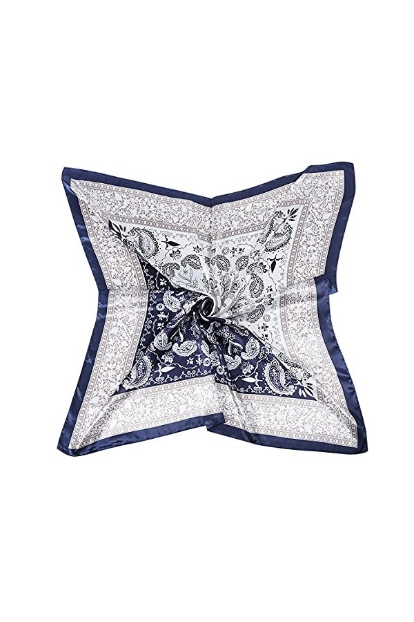 DAMILY Bandana 90x90 Femme Foulard Carré De Soie Écharpe Bandeau Vintage Sac à Main Chic Paisley Écharpe De Cheveux Bleu Mari