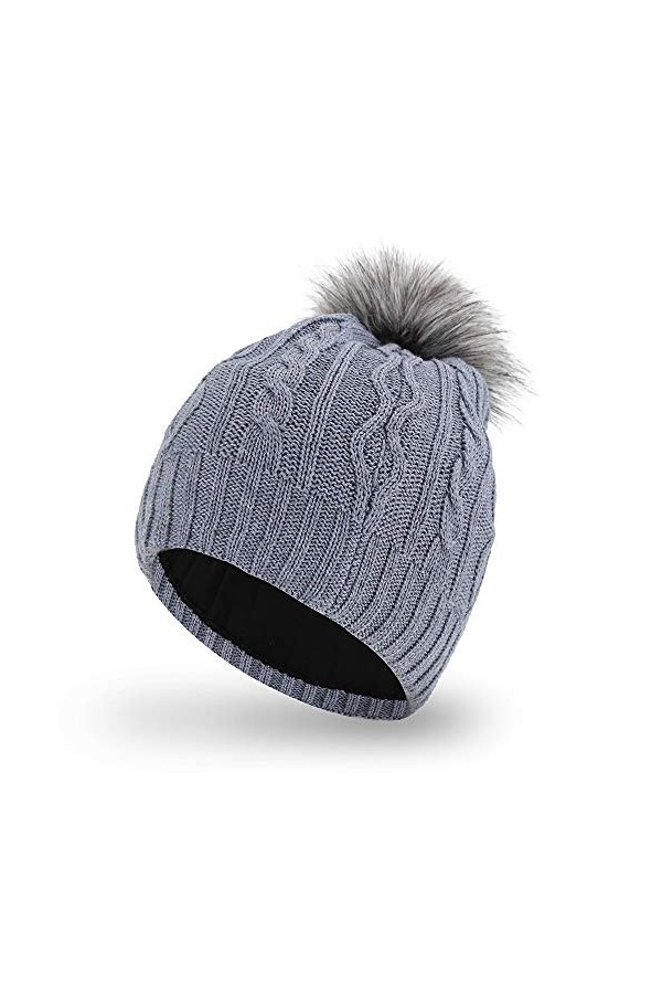 AnJuHoPa Bonnet dhiver avec pompon amovible en fausse fourrure, bonnet crâne tricoté par câble Chapeaux en tricot à pompon m