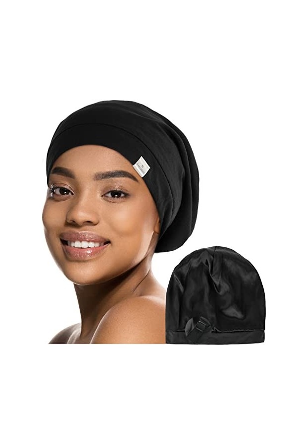 YANIBEST Bonnet de couchage, de coupe slouchy, doublé en satin, extra large, pour femme, Noir , taille unique