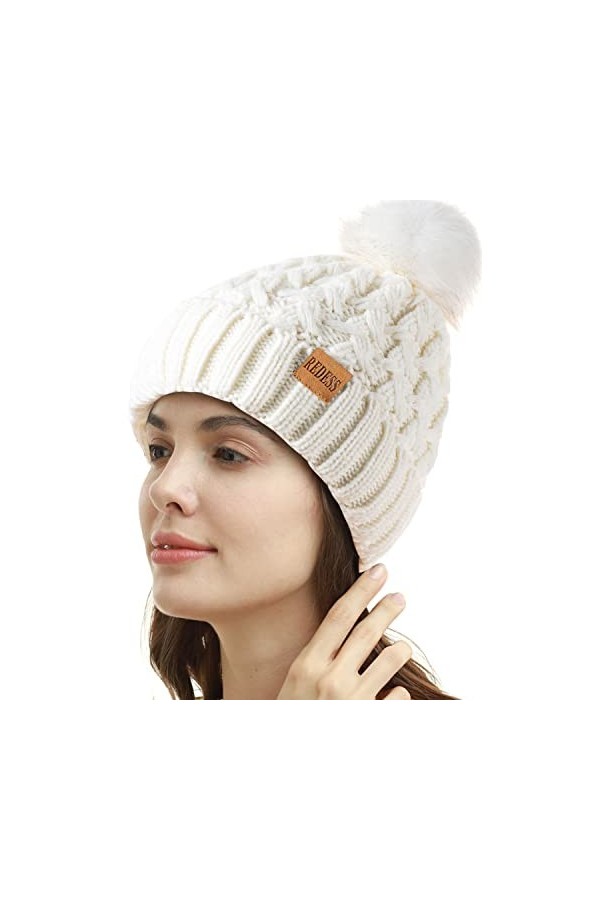 REDESS Femmes Hiver Pompon Bonnet Chapeau Polaire Doublé Chaud Chapeaux, Épais Slouchy Neige Tricot Bonnet Croisé pour Dames