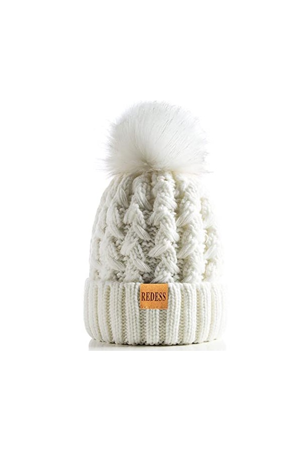 REDESS Femmes Hiver Pompon Bonnet Chapeau Polaire Doublé Chaud Chapeaux, Épais Slouchy Neige Tricot Bonnet Croisé pour Dames