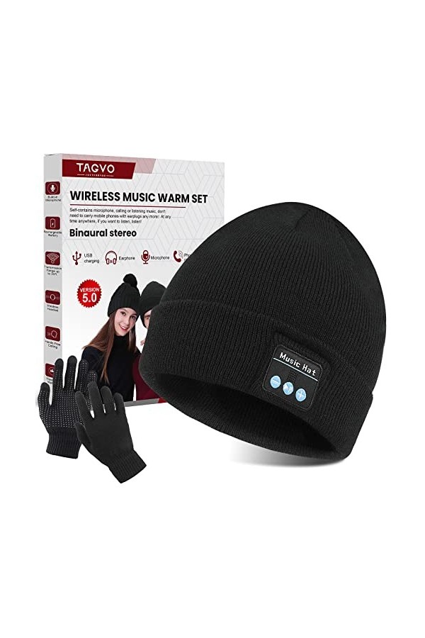 TAGVO Bonnet Bluetooth V5.0 avec Gants tactiles, Hiver épaissir Chaud tricoté sans Fil Bluetooth Casque Musique Chapeau Haut-