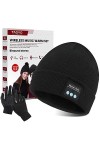 TAGVO Bonnet Bluetooth V5.0 avec Gants tactiles, Hiver épaissir Chaud tricoté sans Fil Bluetooth Casque Musique Chapeau Haut-