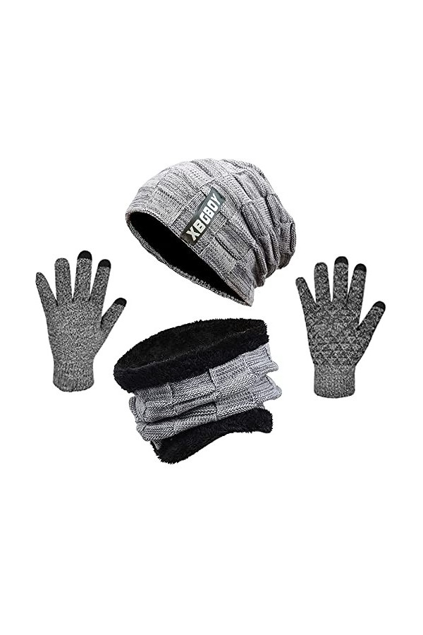Chapeau Bonnet dhiver avec Écharpe et Gants à Écran Tactile, Ensemble Thermique Tricoté Hiver 3 en 1, avec Doublure en Polai