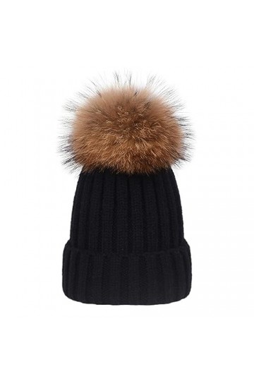 EXQULEG Bonnet chaud avec pompon en fourrure véritable - Bonnet dhiver - Pompon en fourrure raton laveur, Noir , taille uniq