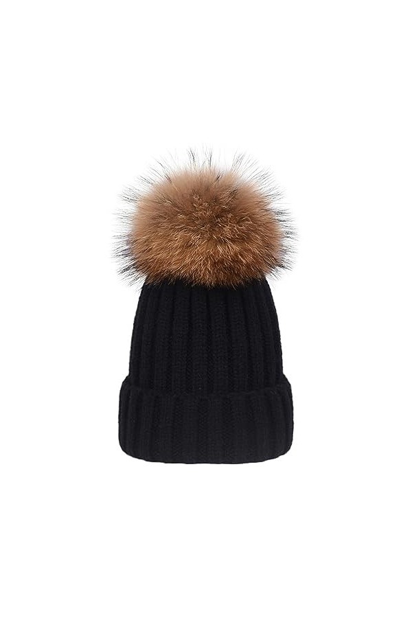 EXQULEG Bonnet chaud avec pompon en fourrure véritable - Bonnet dhiver - Pompon en fourrure raton laveur, Noir , taille uniq