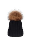 EXQULEG Bonnet chaud avec pompon en fourrure véritable - Bonnet dhiver - Pompon en fourrure raton laveur, Noir , taille uniq