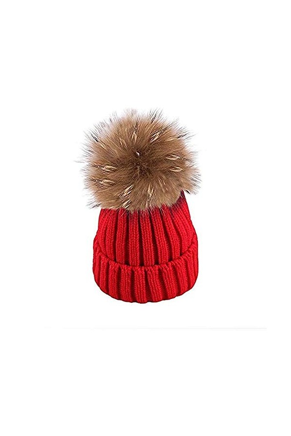 EXQULEG Bonnet chaud avec pompon en fourrure véritable - Bonnet dhiver - Pompon en fourrure raton laveur, Noir , taille uniq