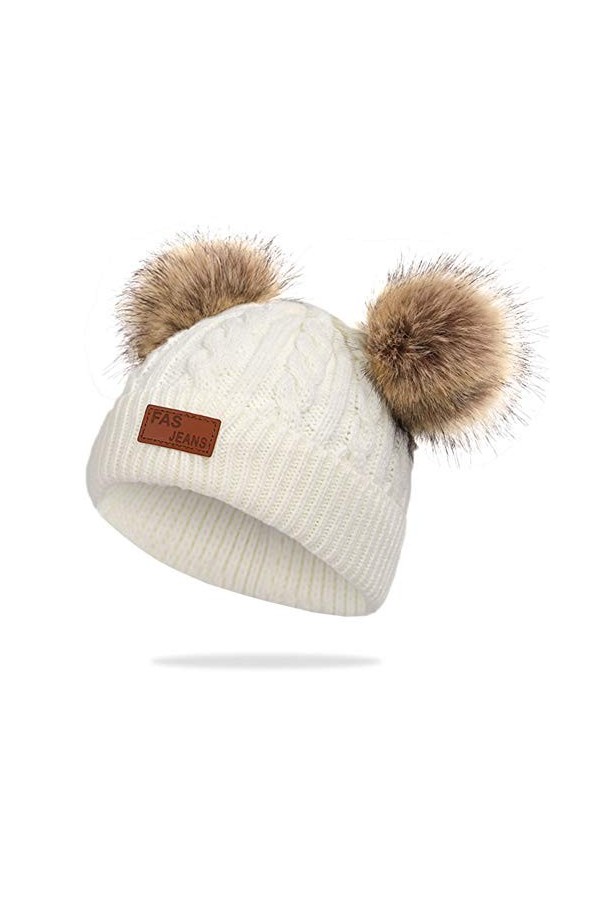 Martin Kench - Bonnet dhiver en tricot - Avec pompon en fourrure - Bonnet à pompon avec 2 pompons - Pour femmes et enfants -