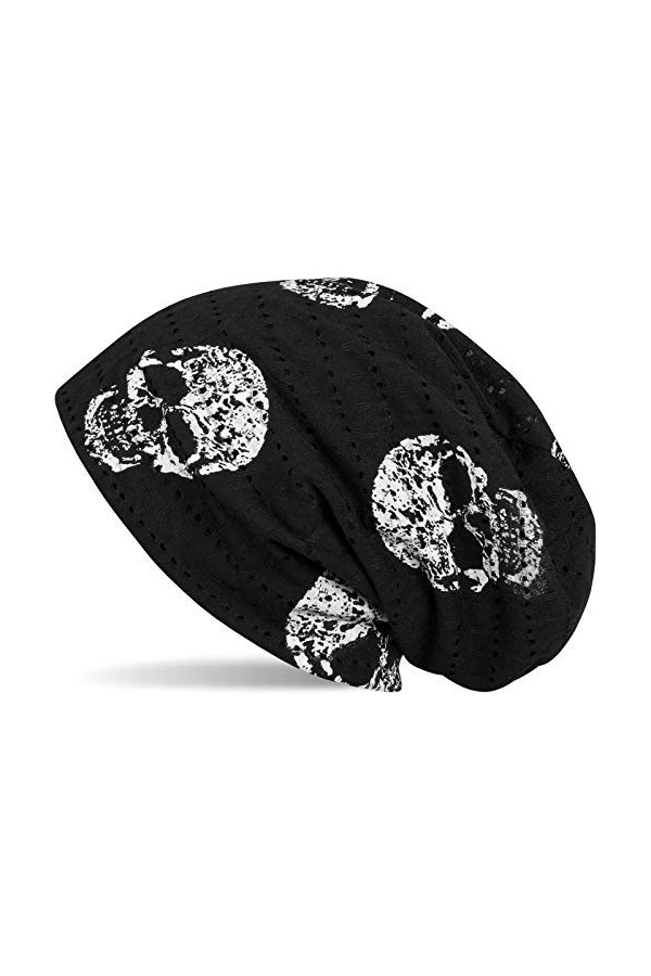 styleBREAKER Bonnet Beanie avec Un Motif de tête de Mort Style Vintage détruit, Longbeanie Slouch, Unisexe 04024093, Couleur: