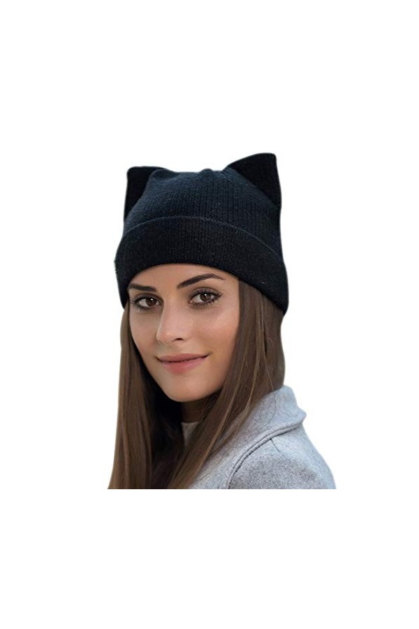 Yixda Bonnet dhiver en tricot chaud pour femme - Motif oreilles de chat, Noir , taille unique