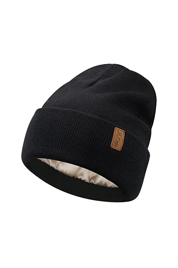 Bequemer Laden Femmes Hiver Chaud Satin Doublé Bonnet Tricot Slouchy Chapeaux Soie Doublure Ski Bonnets pour Femme Homme, Noi