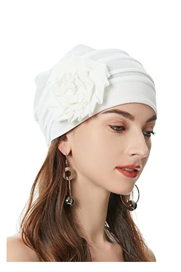 Bonnet turban élastique pour femme avec fleur chimio, Motif floral blanc., M taille unique 