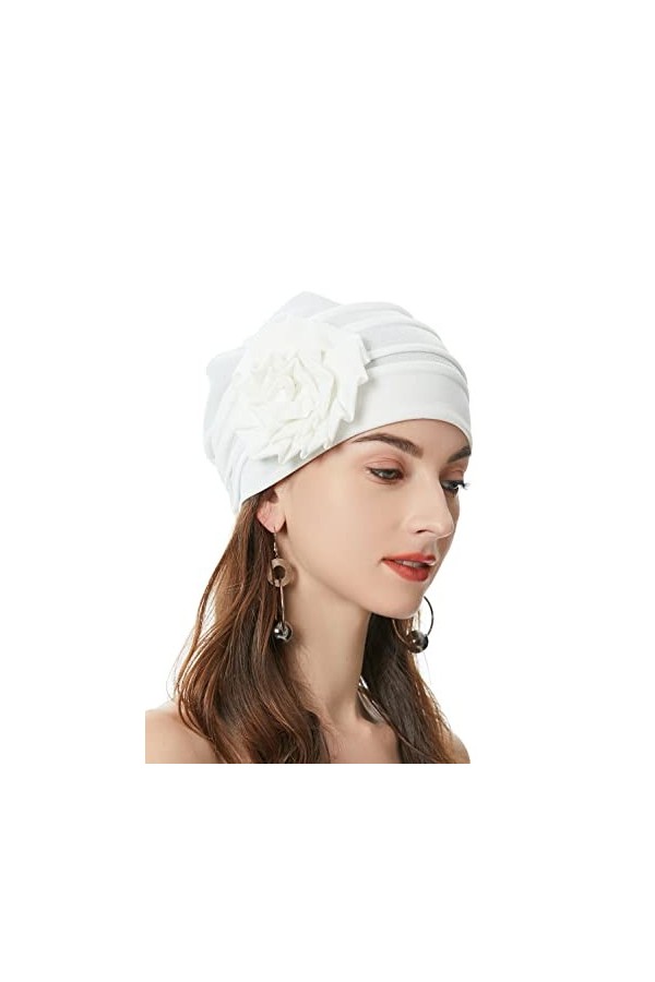 Bonnet turban élastique pour femme avec fleur chimio, Motif floral blanc., M taille unique 