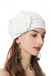 Bonnet turban élastique pour femme avec fleur chimio, Motif floral blanc., M taille unique 