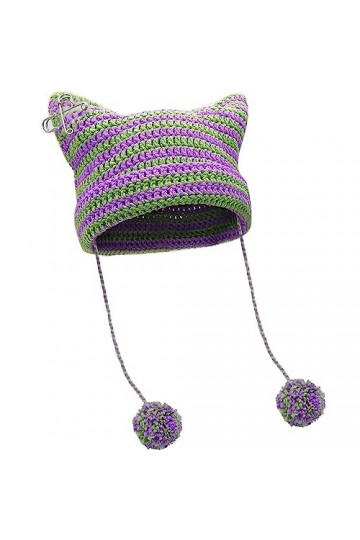 XYIYI Vert Violet Chapeau en Crochet pour Femme Chapeau en Tricot de Renard avec Pompoms Accessoires Grunge Gothiques Bonnet 