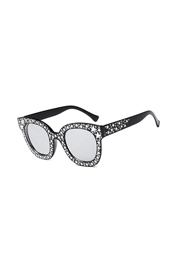 Lunettes de soleil vintage surdimensionnées avec strass en cristal et œil de chat pour femmes et filles UV400, Argenté/noir, 