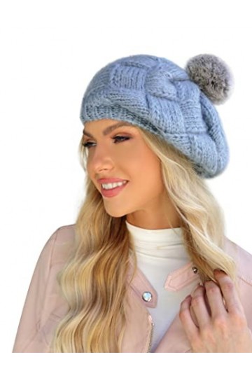 Clearlove Bonnet dhiver à Pompon pour Femme Doublure Polaire Chaude Épais Slouchy Neige Tricot Bonnet pour Dames B-Bleu