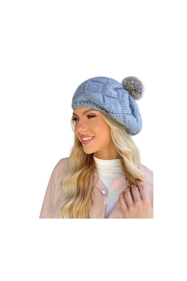 Clearlove Bonnet dhiver à Pompon pour Femme Doublure Polaire Chaude Épais Slouchy Neige Tricot Bonnet pour Dames B-Bleu