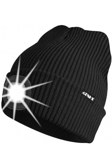 ATNKE Unisexe LED Bonnet Lampe Frontale,USB Rechargeable 4 LED Chapeau de Course Ultra Lumineux Lumière Hiver Chaud Tricot Bo