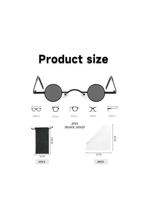 ATBUSS Lot de 2 lunettes rondes avec 2 poches de rangement et 2 chiffons, lunettes de soleil mini punk, lunettes de soleil ré