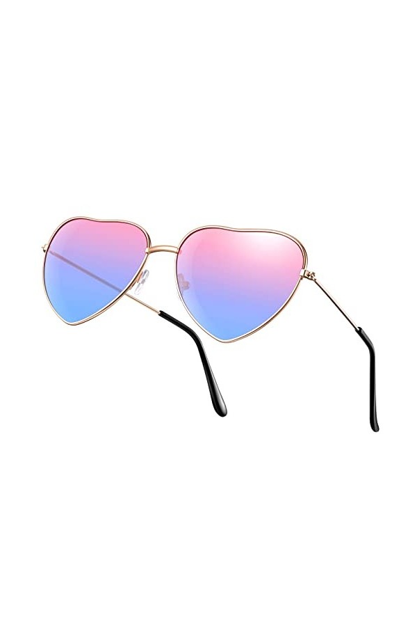 Lunettes de Soleil Hippie des Années 70 Cœur à Monture en Métal Rouge, Bleu 
