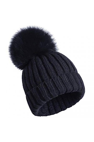 feifanshop Bonnet à pompon, en fourrure de renard, pour femme, tricoté, dhiver, Noir , taille unique