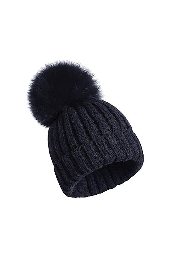 feifanshop Bonnet à pompon, en fourrure de renard, pour femme, tricoté, dhiver, Noir , taille unique