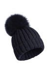 feifanshop Bonnet à pompon, en fourrure de renard, pour femme, tricoté, dhiver, Noir , taille unique