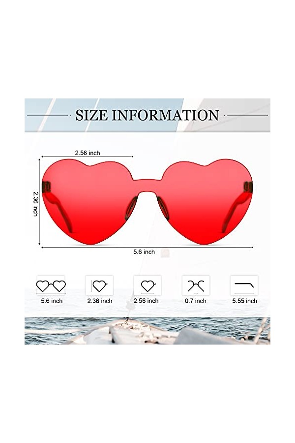 Fiada Lunettes de Soleil Transparentes sans Monture Coeur Couleur Bonbon Rouge 