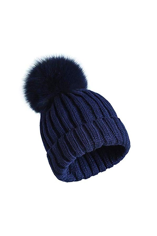 feifanshop Bonnet à pompon, en fourrure de renard, pour femme, tricoté, dhiver, Noir , taille unique
