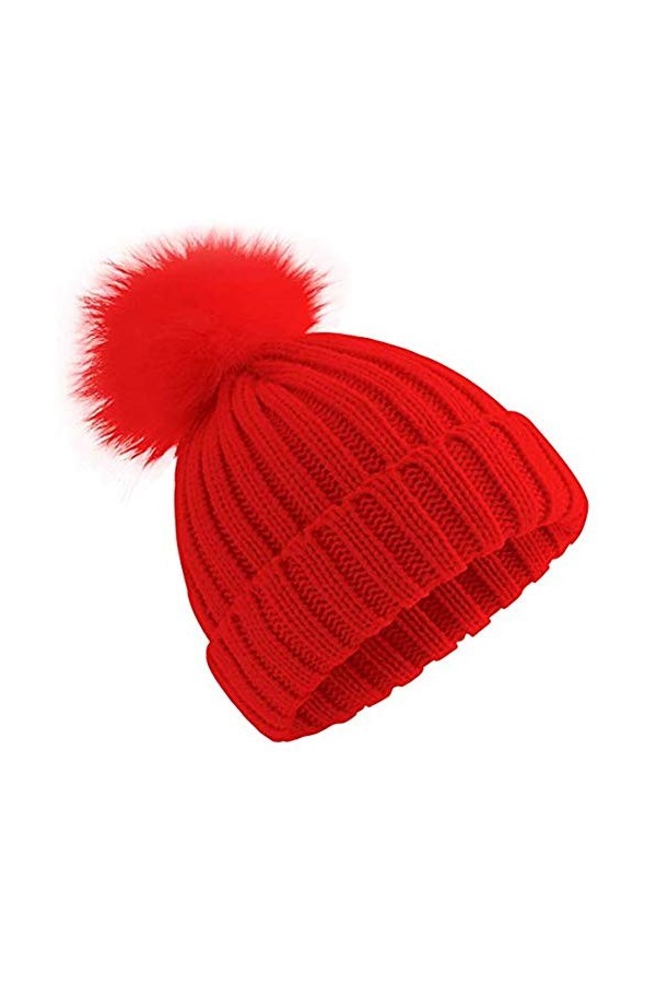 feifanshop Bonnet à pompon, en fourrure de renard, pour femme, tricoté, dhiver, Noir , taille unique