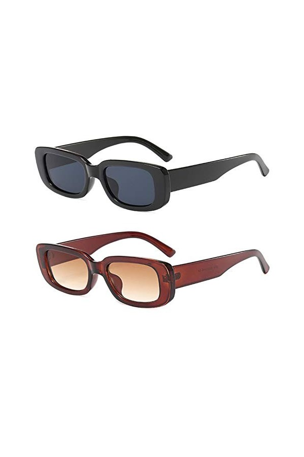 Grainas Lunettes de soleil, style rétro/vintage, rectangulaires, pour homme et femme, étroites, protection UV400, Noir et mar