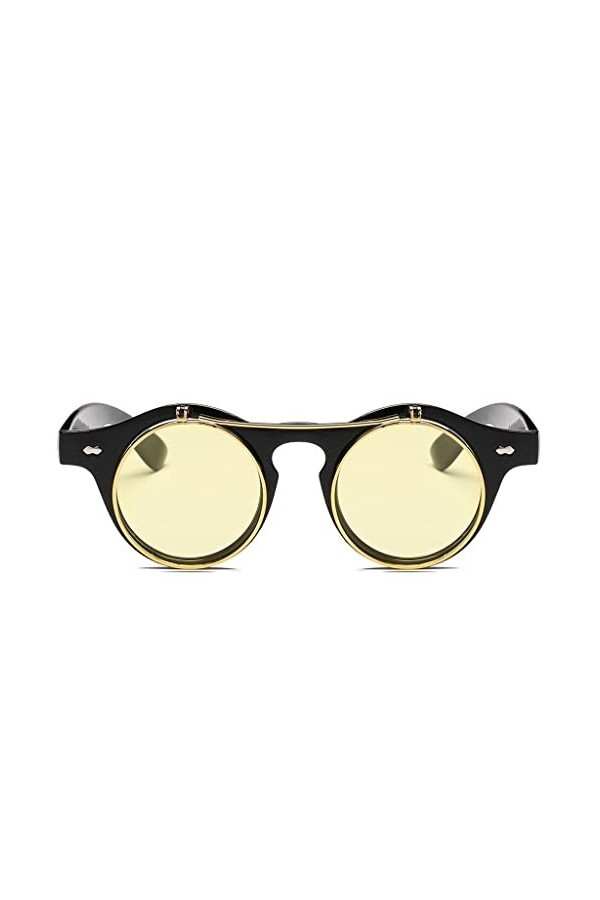 BuyWeek Lunettes de Soleil, Steampunk Goth Goggles Lunettes Retro Flip Up Lunettes de Soleil Rondes pour Hommes et Femmes Bru