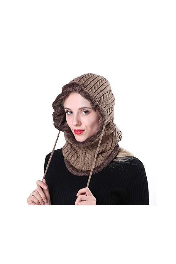 Bonnet Cagoule Tricoté en Polaire Thermique 2 en 1 Echarpe à Capuche Chapeau Hiver Tour de Cou Chaud Cache-Oreille Chapeau de