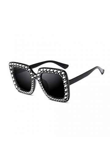 Lunettes de soleil pour femme - Tendance - Strass - Style rétro - Carrées - Oversize, noir/gris