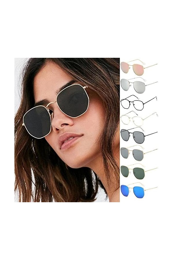 Lunettes de soleil polarisées hexagonales pour homme et femme - Vintage surdimensionnées - Carré - Lunettes dété en métal - 