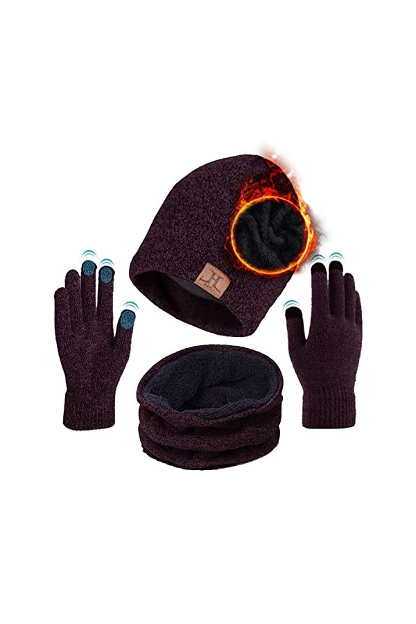 Packs Bonnet Echarpe et Gants, dhiver Ensemble de Chapeau Tricot+Écharpe de Doublure+Gants pour Écran Tactile Polaire Beanie
