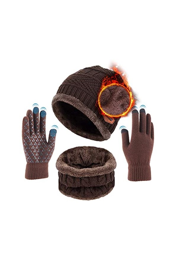 Packs Bonnet Echarpe et Gants, dhiver Ensemble de Chapeau Tricot+Écharpe de Doublure+Gants pour Écran Tactile Polaire Beanie