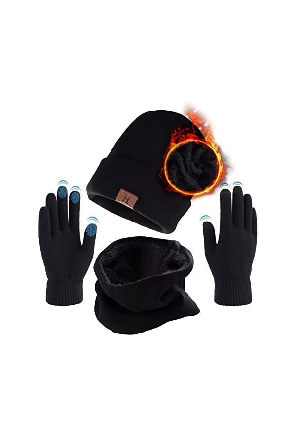 Packs Bonnet Echarpe et Gants, dhiver Ensemble de Chapeau Tricot+Écharpe de Doublure+Gants pour Écran Tactile Polaire Beanie