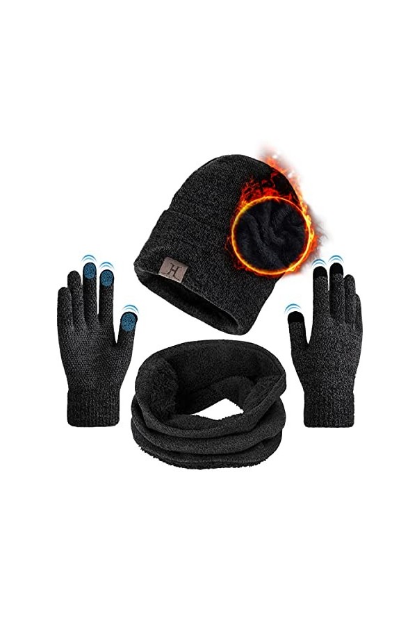 Packs Bonnet Echarpe et Gants, dhiver Ensemble de Chapeau Tricot+Écharpe de Doublure+Gants pour Écran Tactile Polaire Beanie