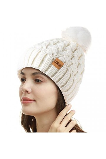 REDESS Femmes Hiver Pompon Bonnet Chapeau Polaire Doublé Chaud Chapeaux, Épais Slouchy Neige Tricot Bonnet Croisé pour Dames